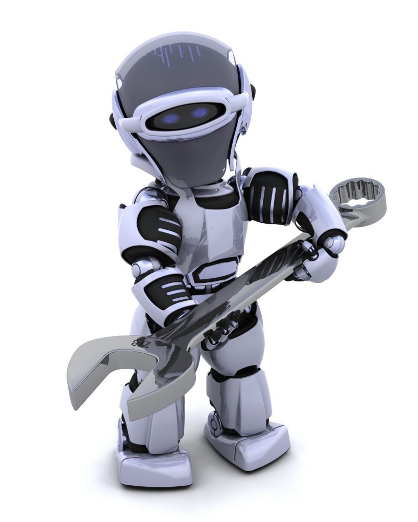 Futuristic robot holding a spanner.