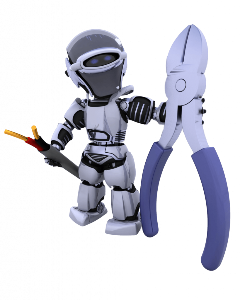Futuristic robot holding pliers and a cable.