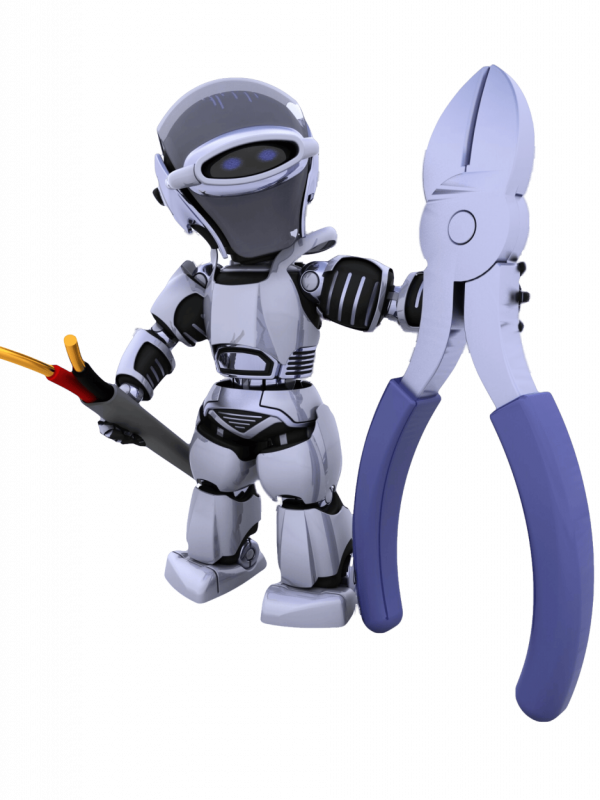 Futuristic robot holding pliers and a cable.