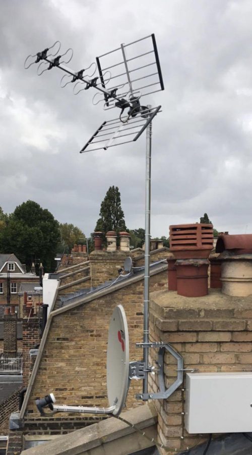 High gain Freeview TV aerial and 60cm satellite dish, installed on a chimney using a heavy duty cradle bracket.