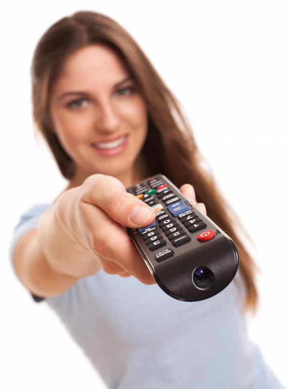 Lady changing channel on Freeview TV