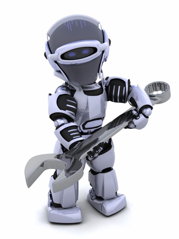 Futuristic robot holding a spanner.